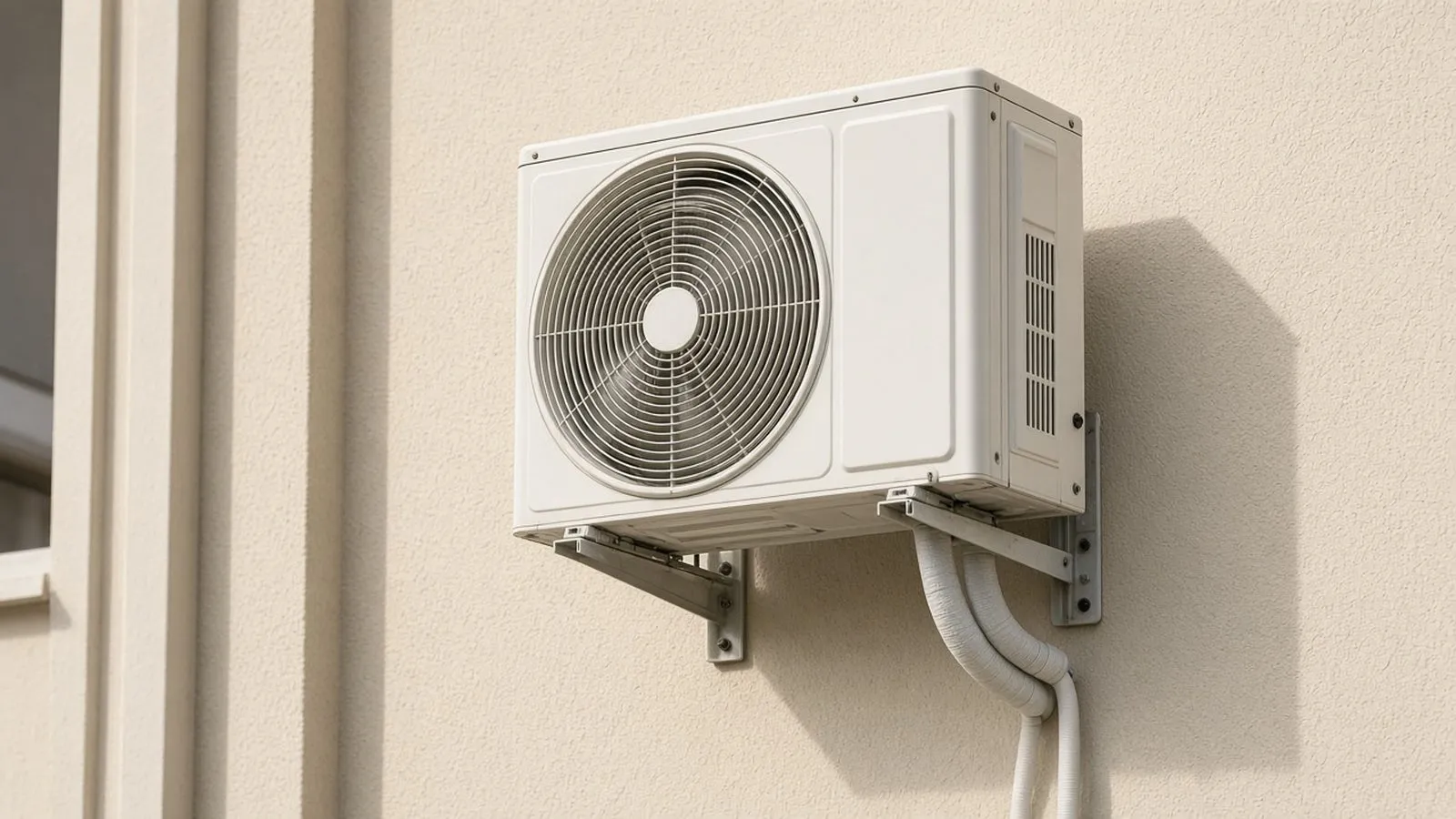Condensadora branca fixada na fachada creme de um apartamento