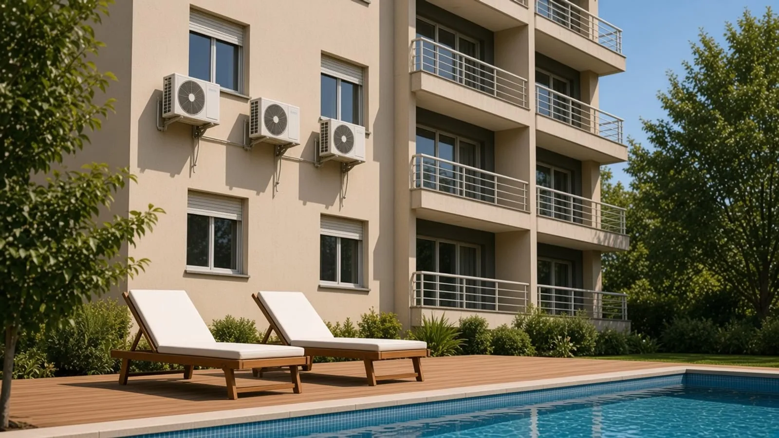 Deck de lazer vazio, com borda da piscina e espreguiçadeiras
