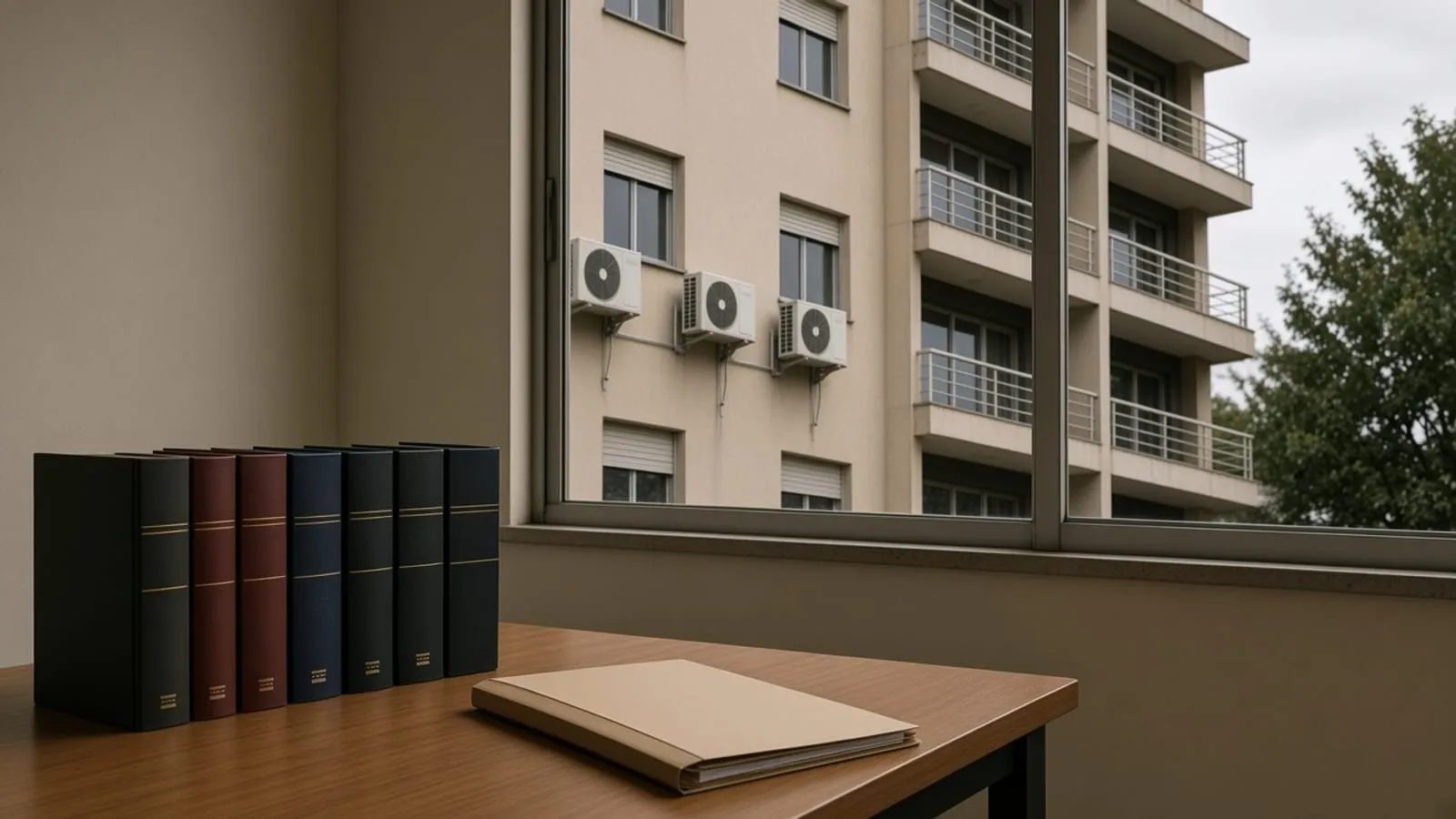 Estante com livros de lombada lisa e uma pasta fechada