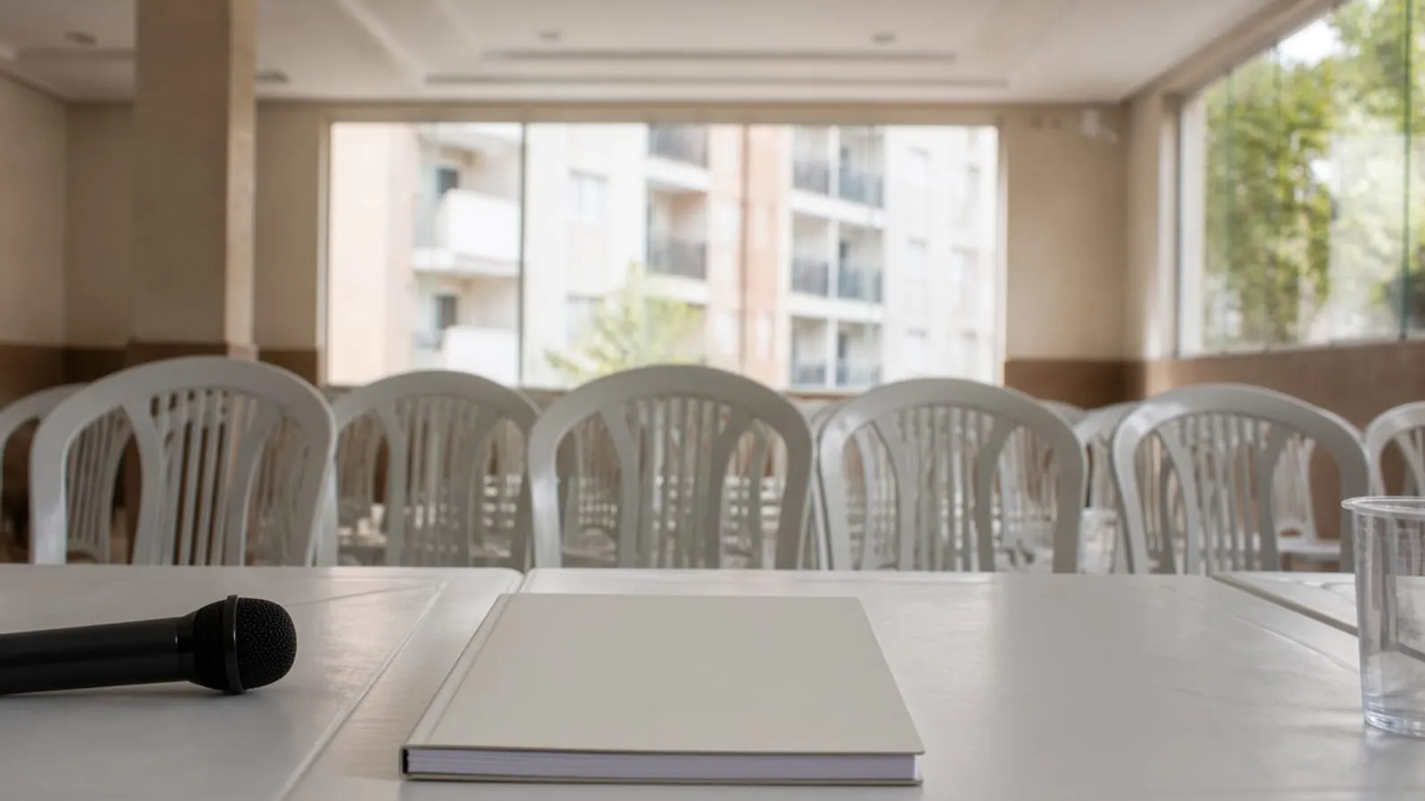 Caderno fechado no centro da mesa de reunião