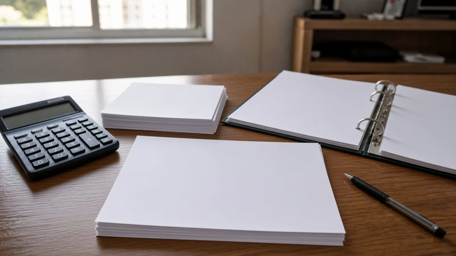 Pilhas de papel em branco e calculadora com visor apagado