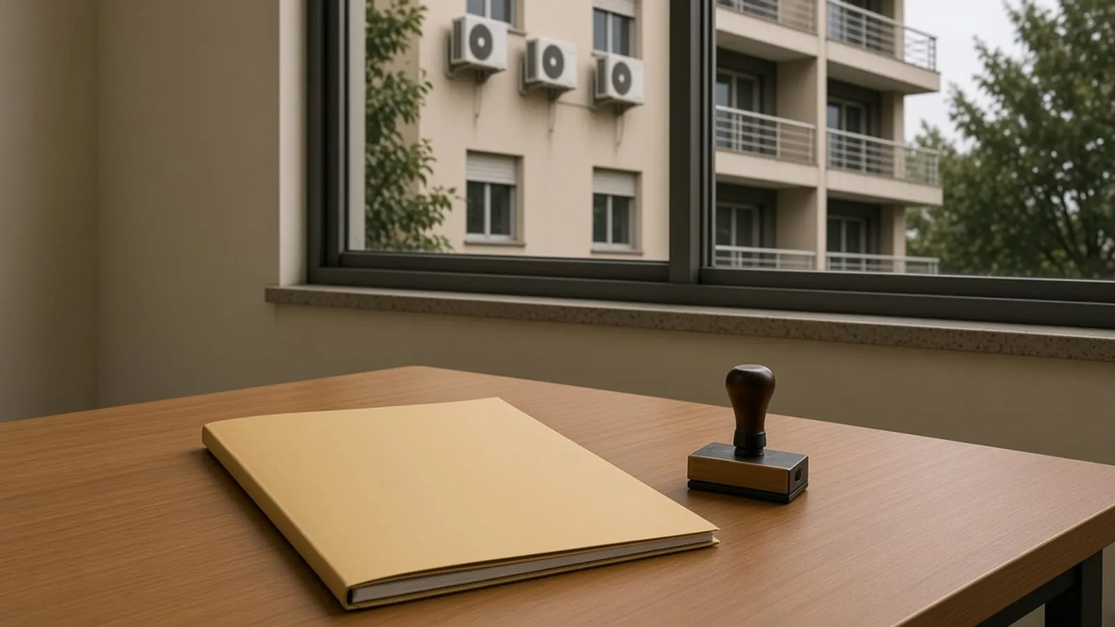 Pasta fechada e carimbo sobre a mesa da administração