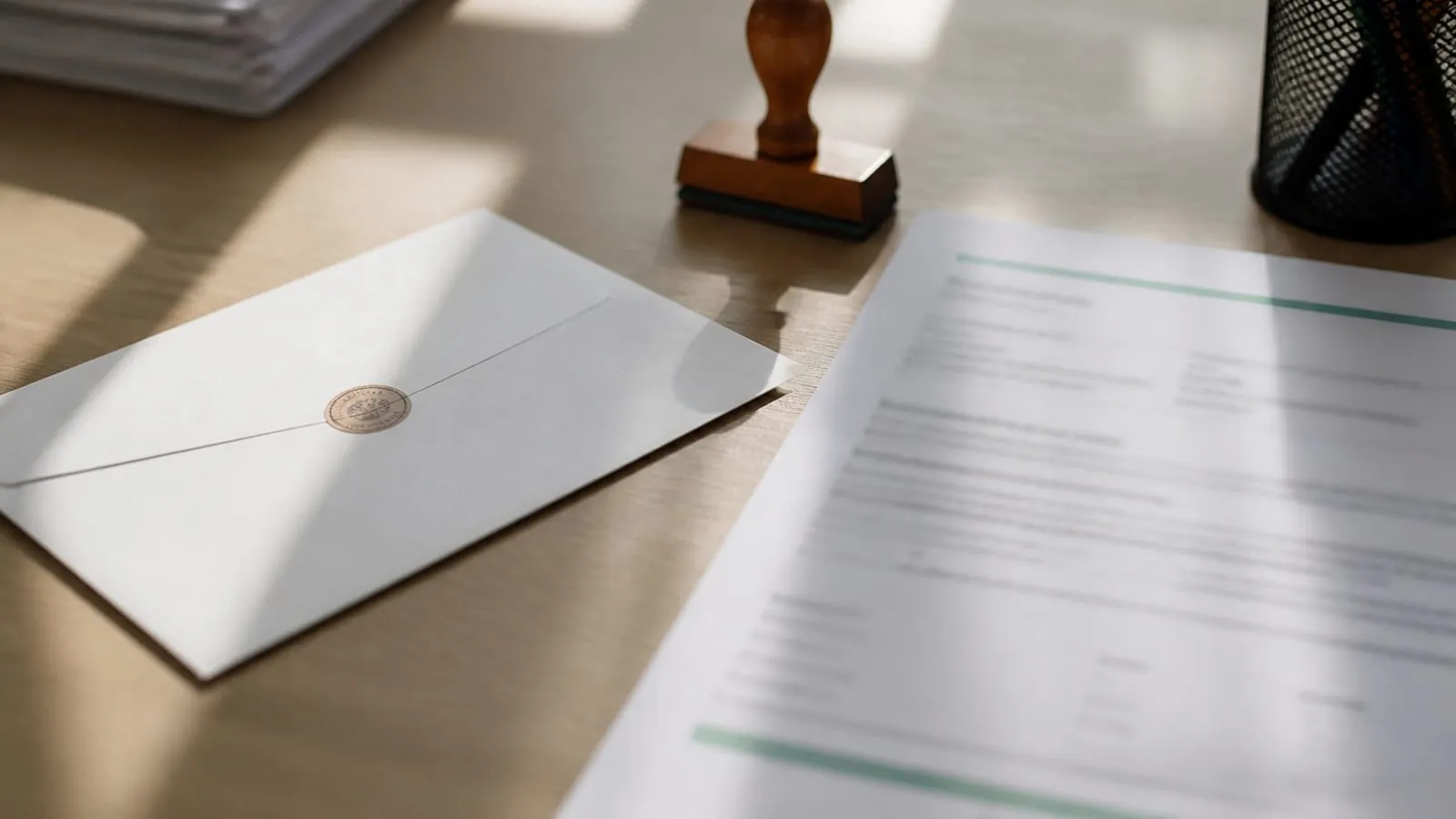 Envelope lacrado, carimbo e carta impressa sobre uma mesa simples