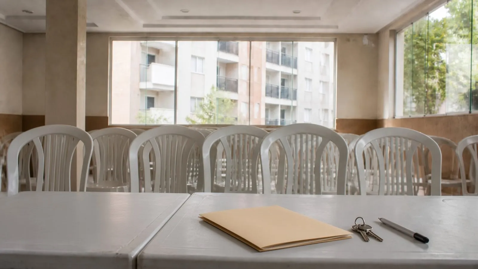 Pasta de contrato, chaves e caneta sobre a mesa de uma sala de assembleia vazia