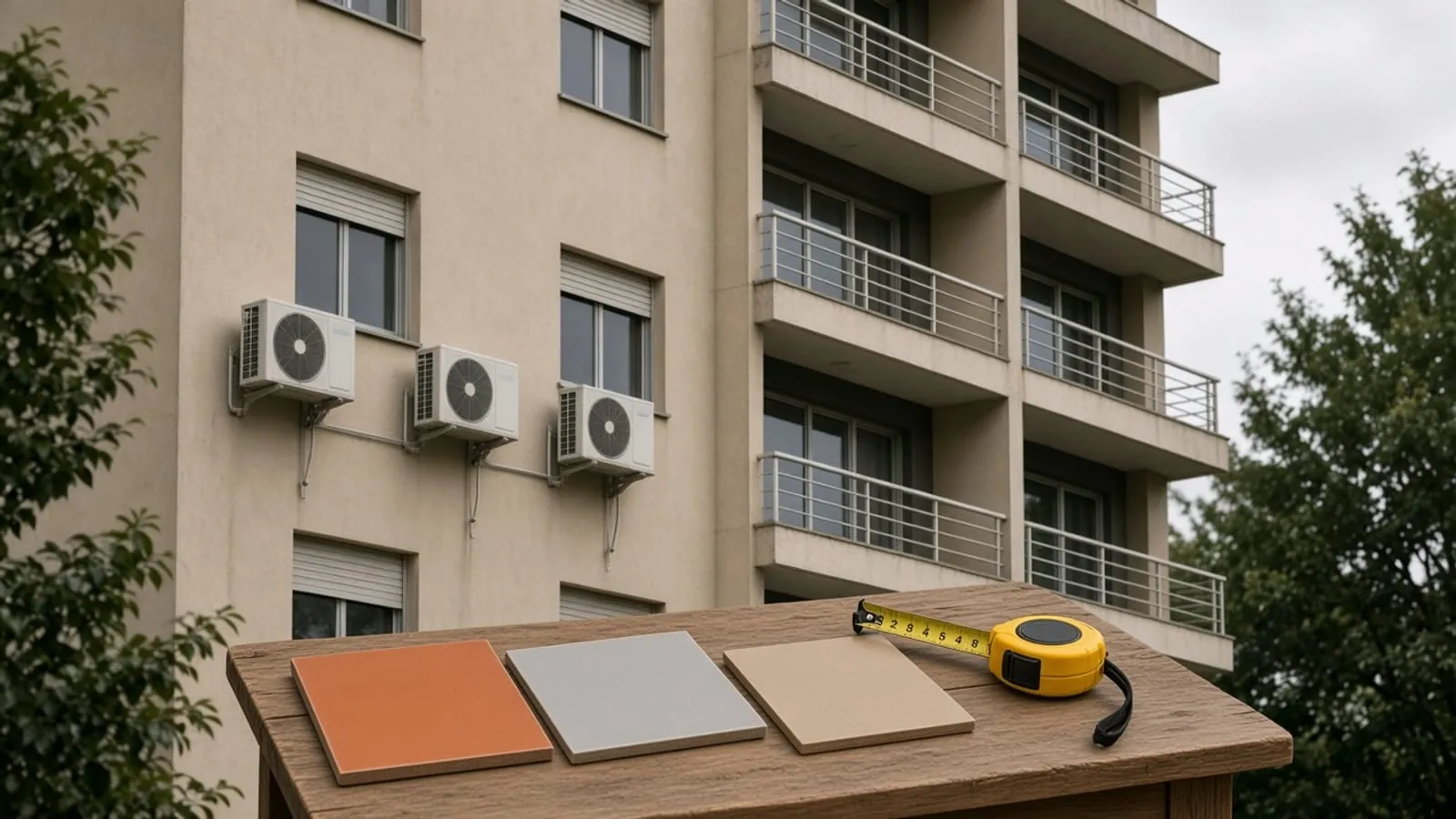 Três amostras de piso sem marca e uma trena