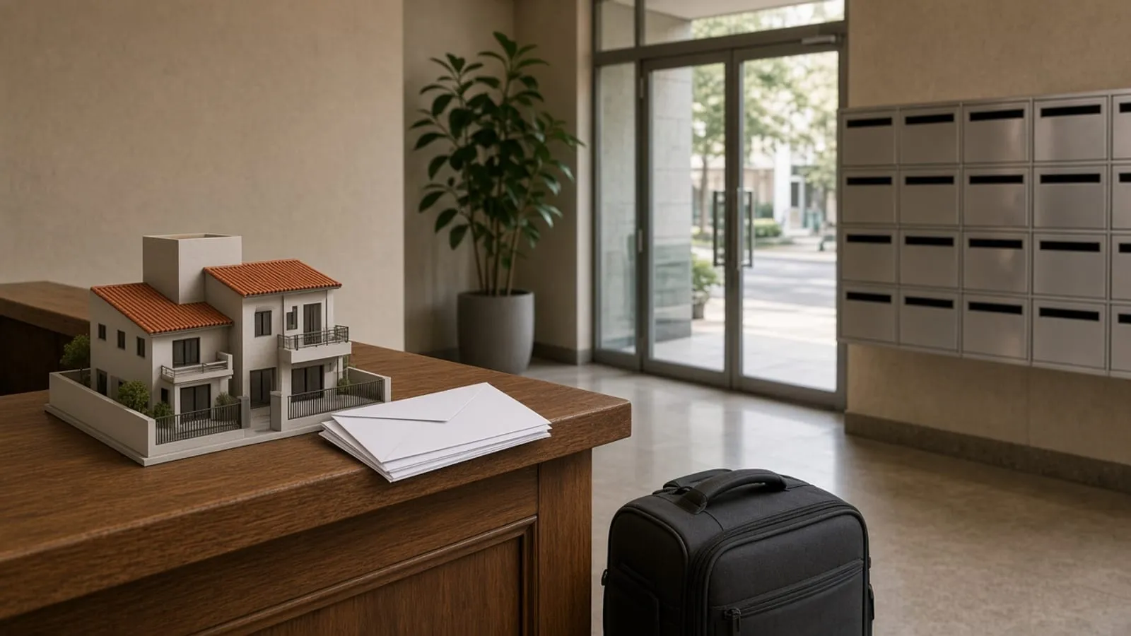 Maquete do prédio e envelopes sem impressão