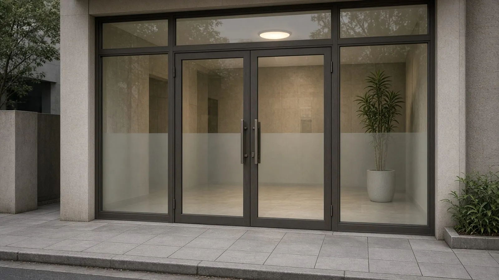 Porta de vidro da entrada de um prédio residencial, lobby vazio