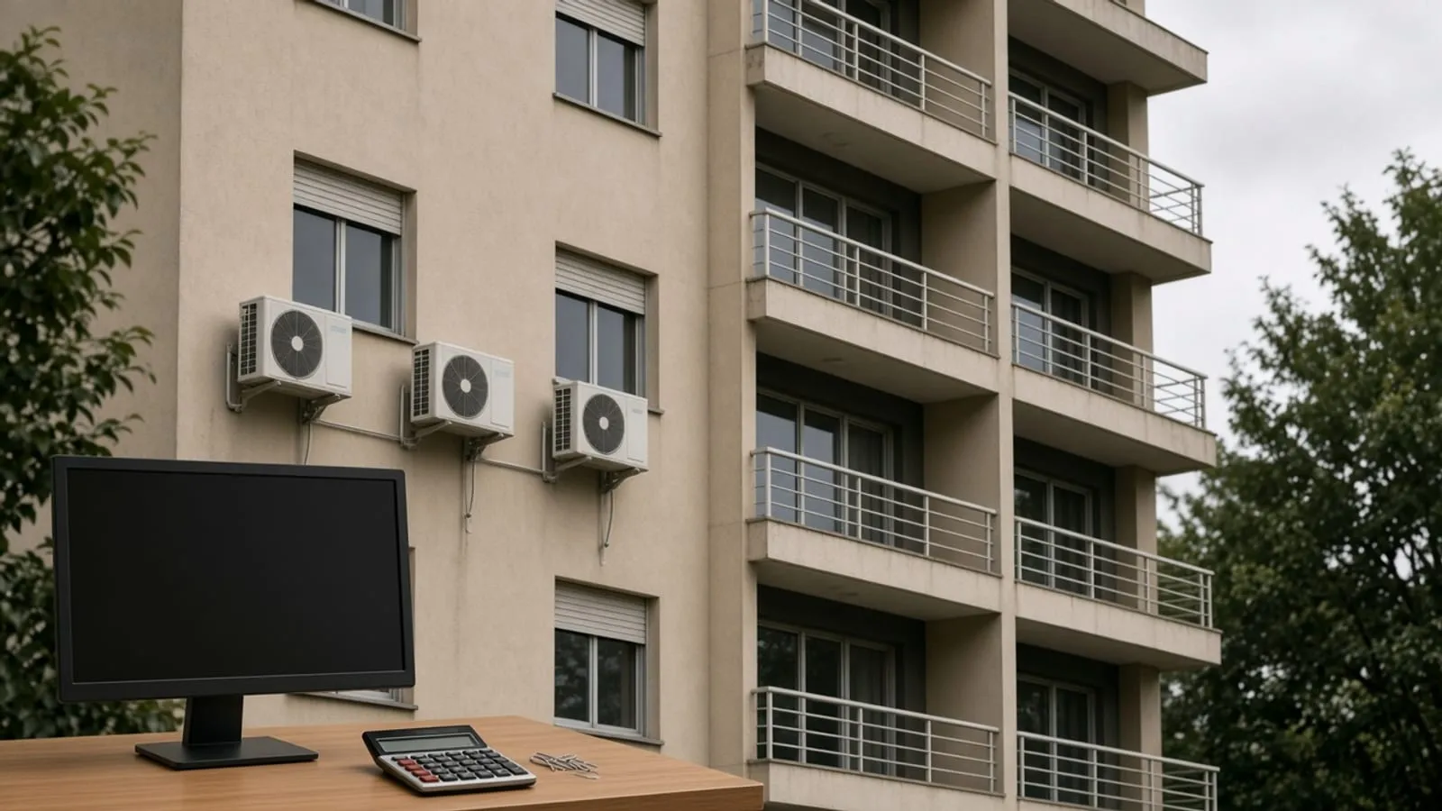 Monitor apagado, calculadora sem marca e clipes