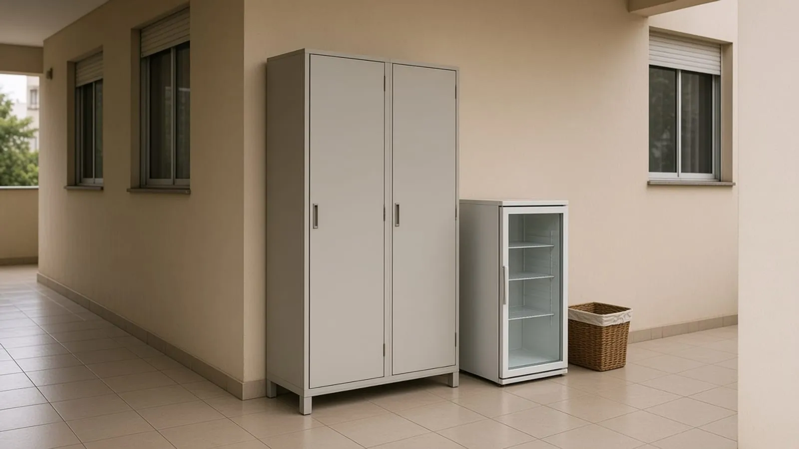 Hall com armário de encomendas liso, geladeira sem marca e cesto