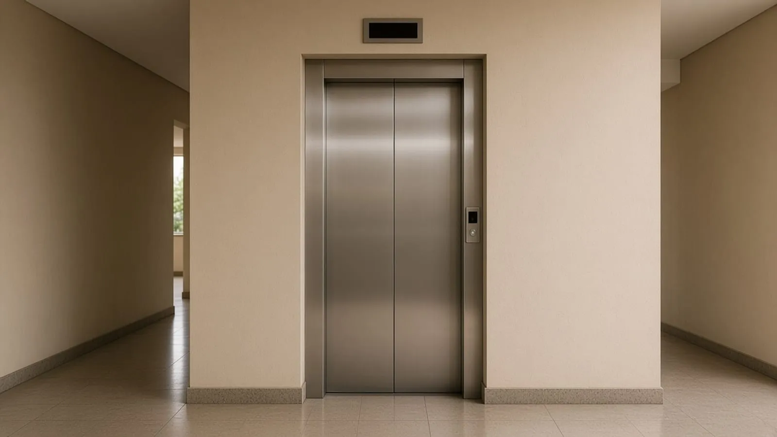 Portas fechadas de um elevador no hall do condomínio, sem marcas nem avisos