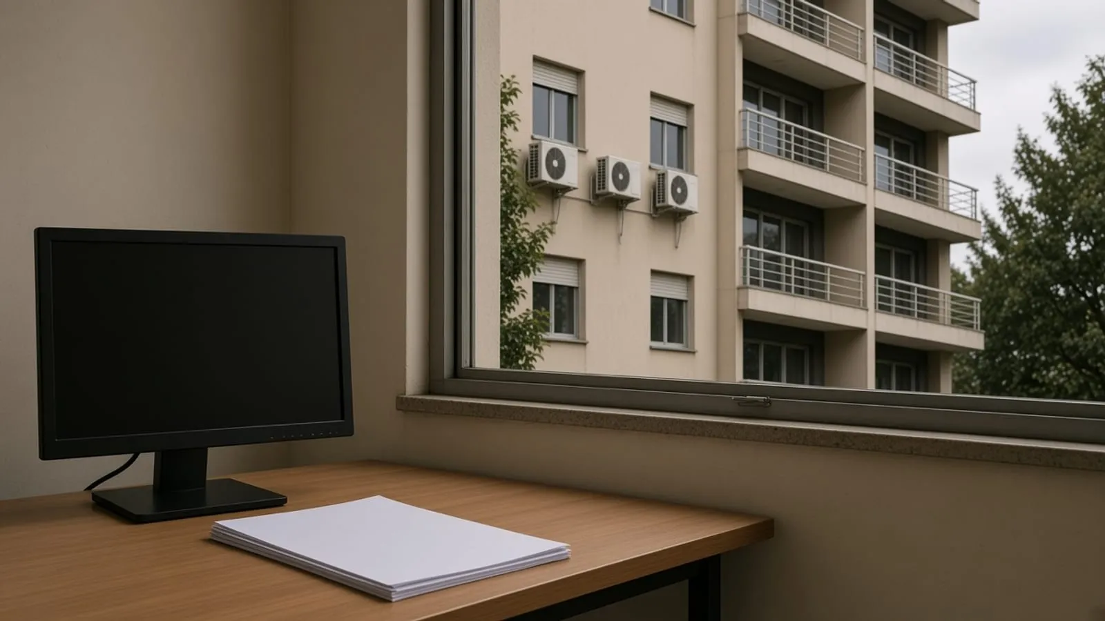 Monitor apagado e folhas em branco na mesa do escritório