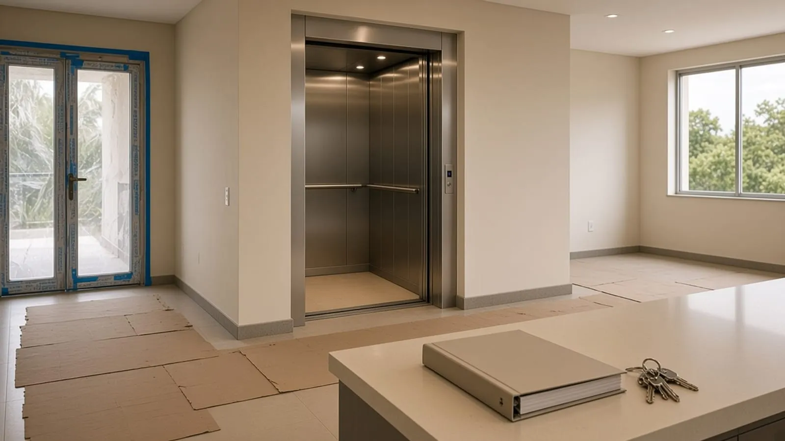 Hall de prédio recém-entregue com portas ainda protegidas e um manual sobre o balcão