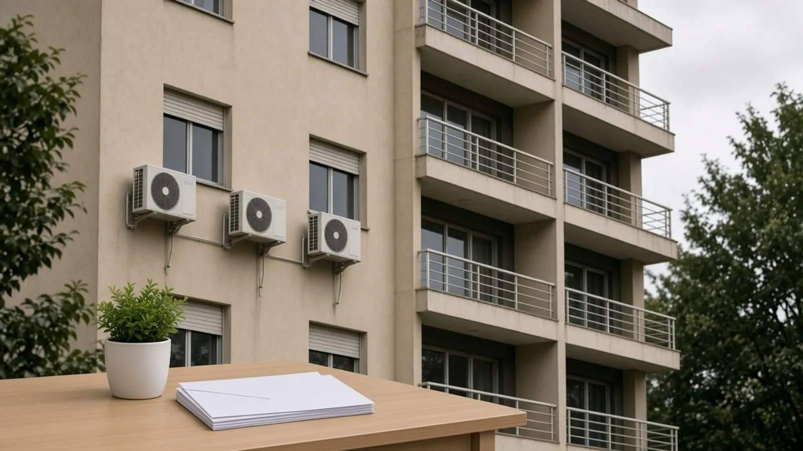 Mesa da administração com uma planta e envelopes sem texto