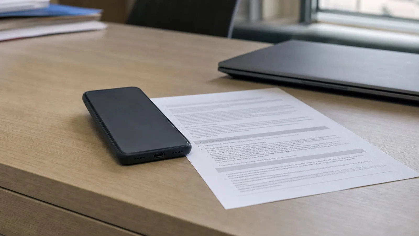Celular, documento impresso e notebook fechado sobre a mesa da administração