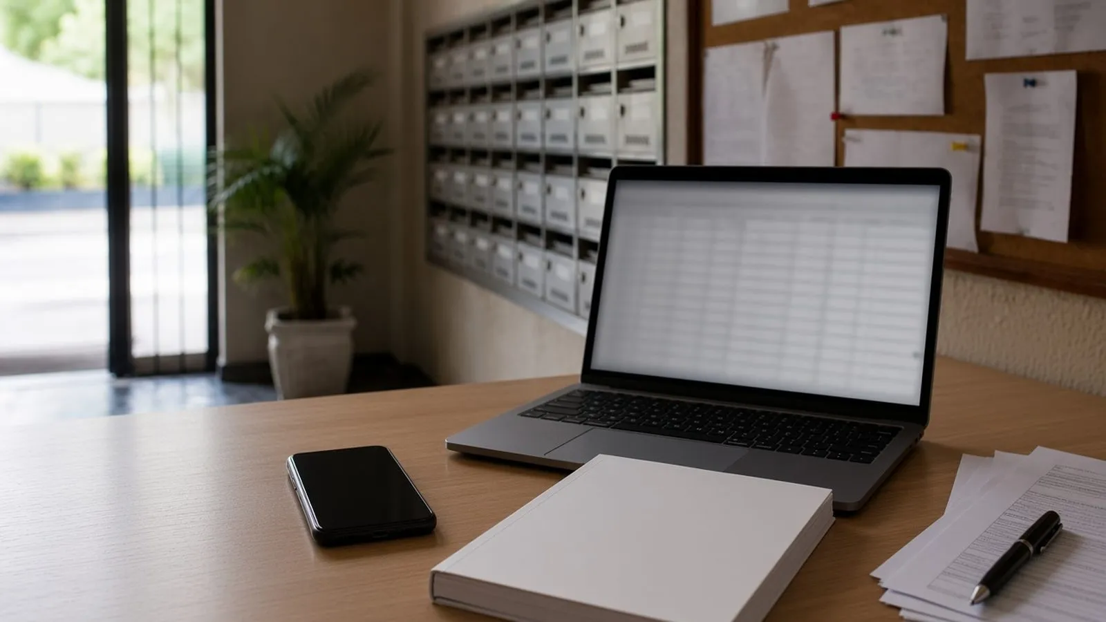 Celular, notebook com planilha desfocada e pasta de documentos sobre a mesa da administração