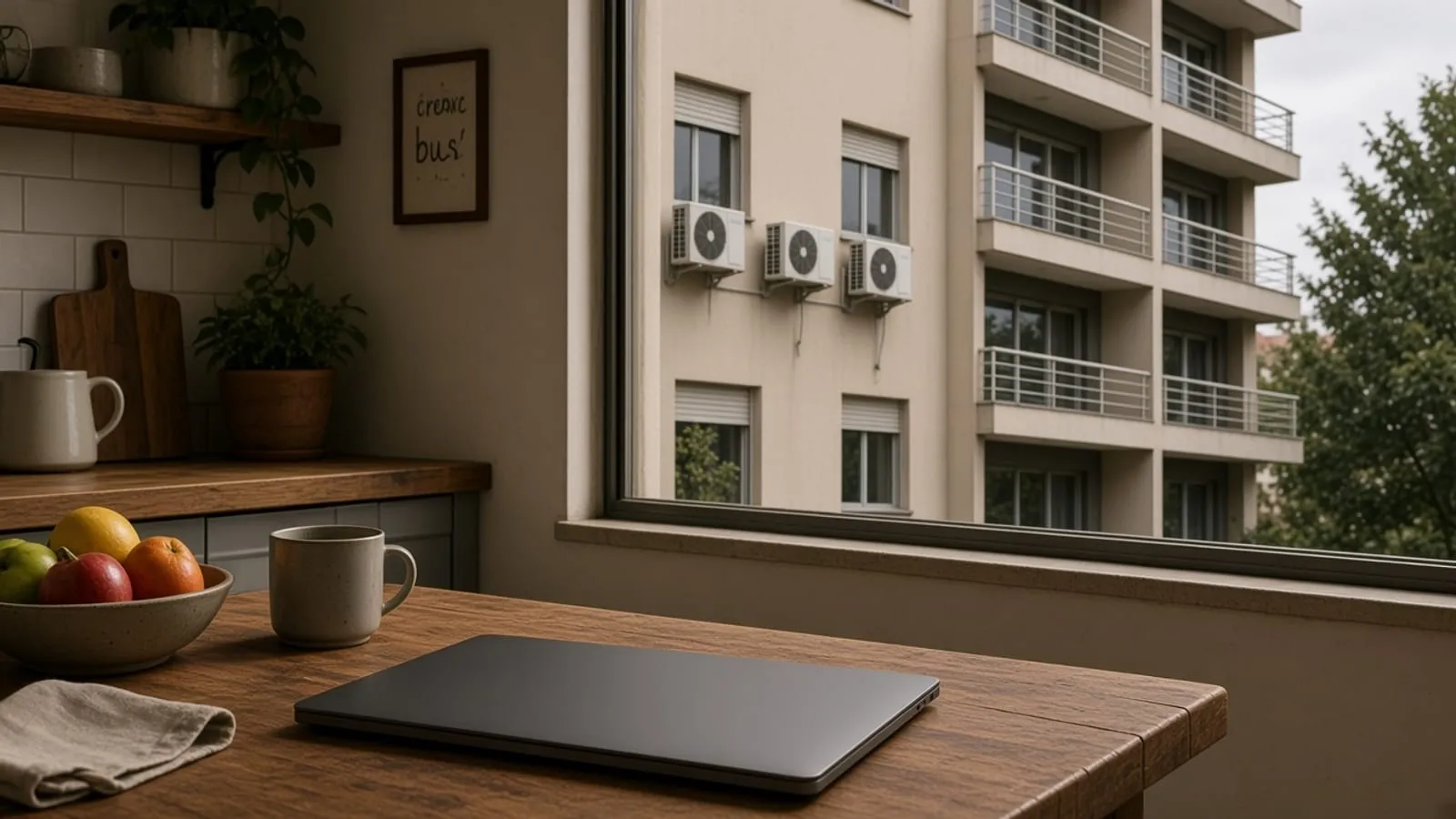 Notebook fechado na mesa, com o pátio visto pela janela
