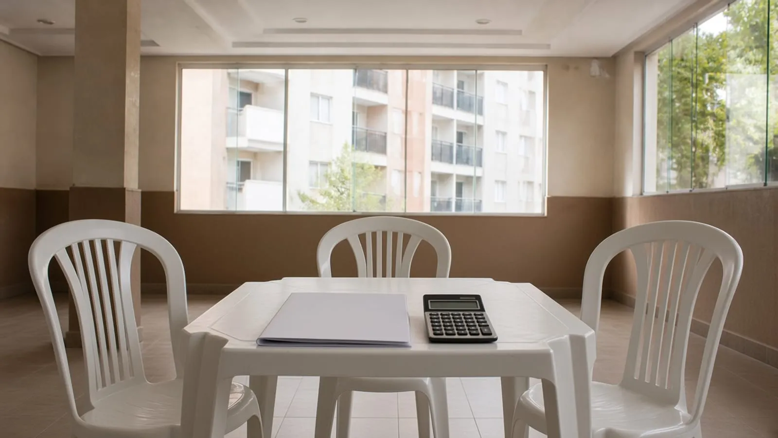 Três cadeiras vazias, uma pasta fechada e uma calculadora sem marca