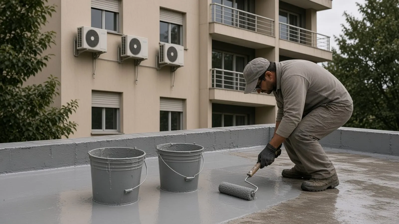 Laje com baldes sem rótulo e um rolo de impermeabilização