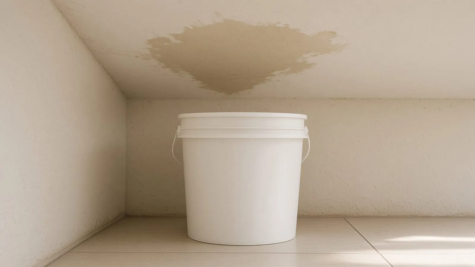 Mancha no teto e um balde no canto do apartamento