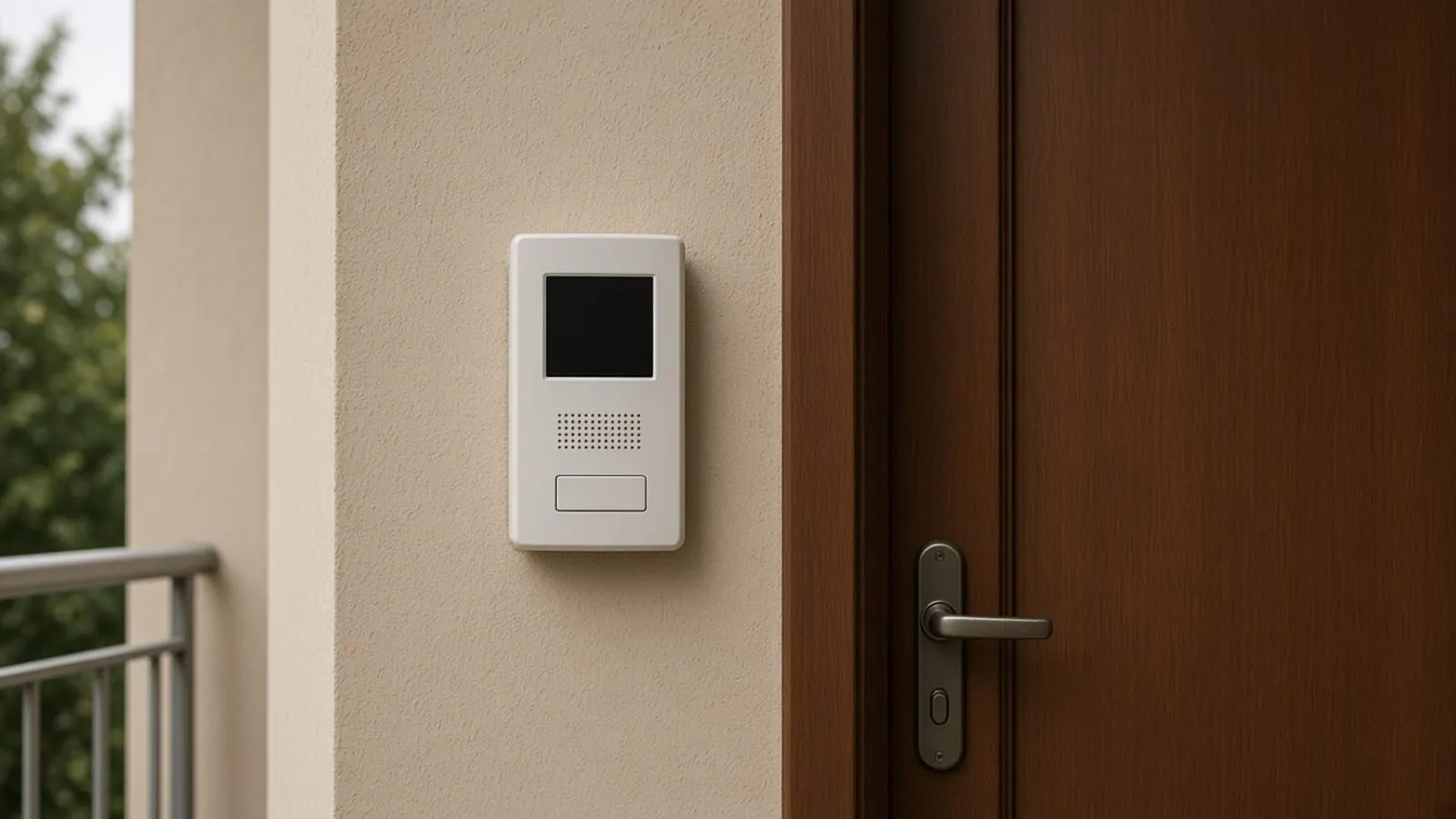 Interfone de parede com a tela apagada, junto à porta