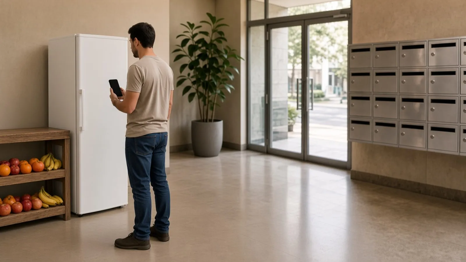 Hall de condomínio com geladeira compacta, frutas na gôndola e morador de costas com o celular