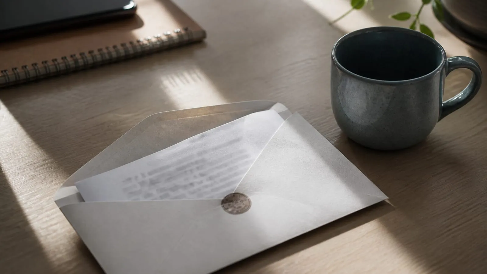 Envelope oficial entreaberto com uma carta dentro, texto fora de foco