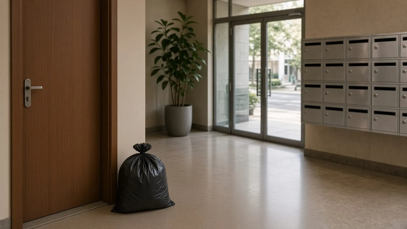 Saco de lixo sem impressão ao lado de uma porta fechada