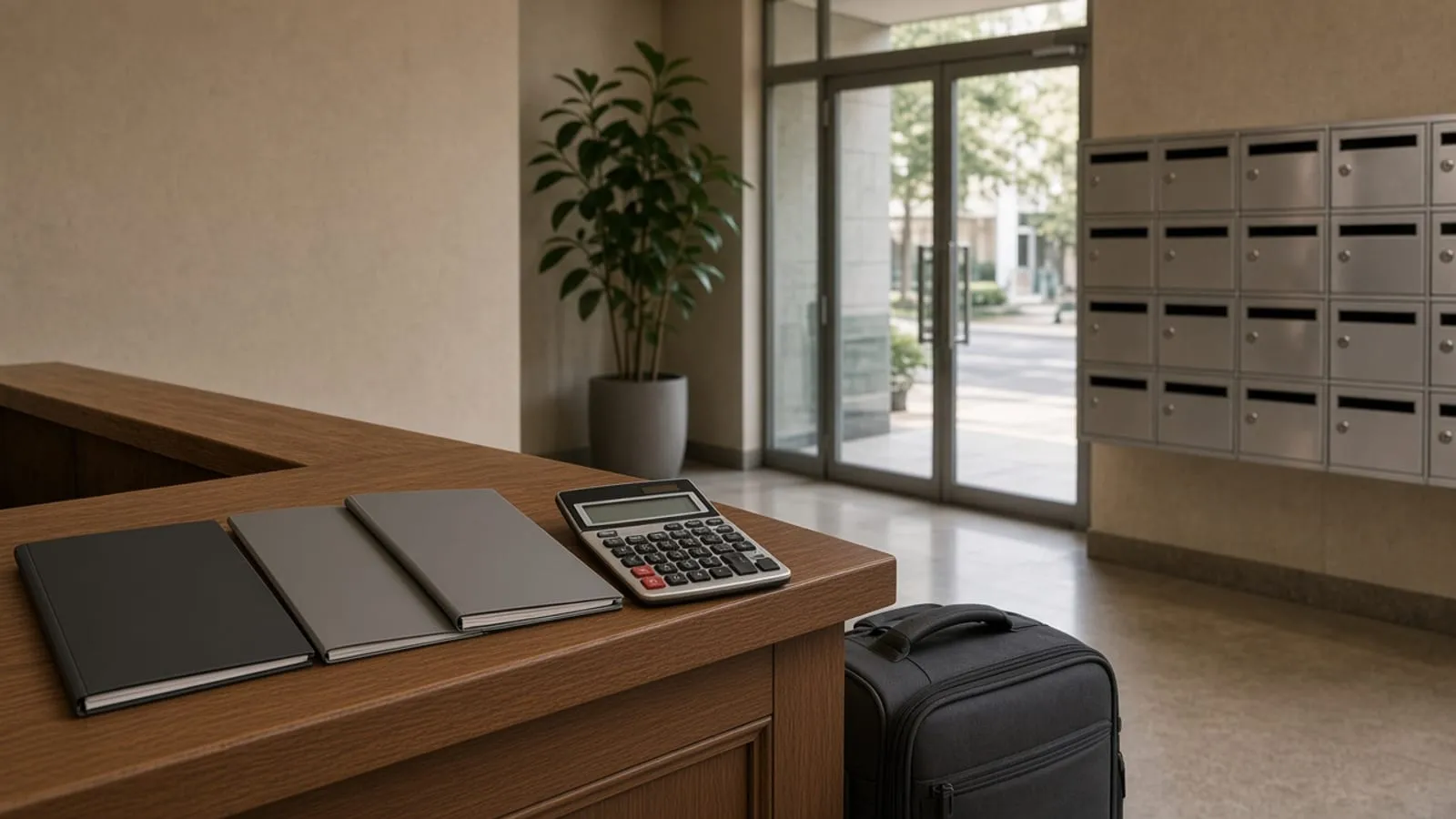 Três pastas enfileiradas e uma calculadora com visor apagado
