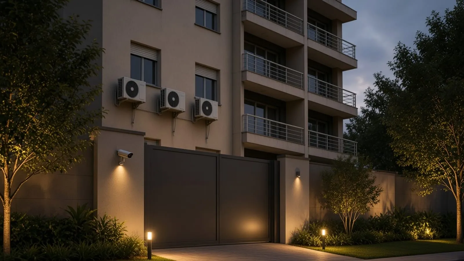 Portão, câmera e caminho iluminado ao anoitecer