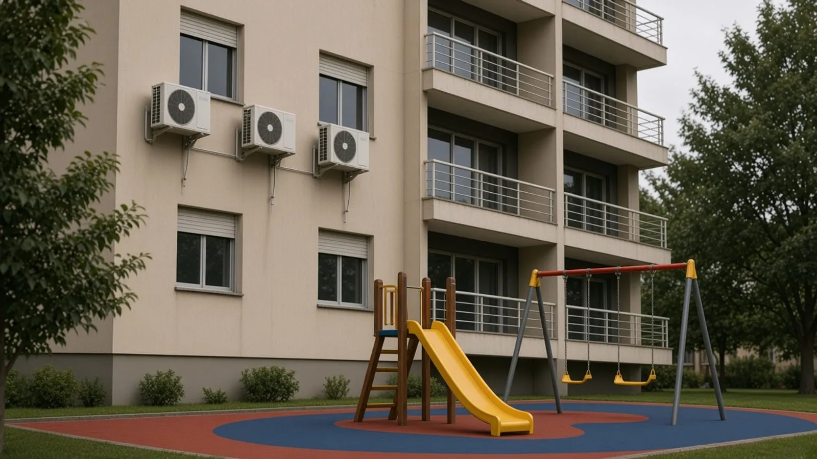 Playground vazio, com escorregador e piso emborrachado
