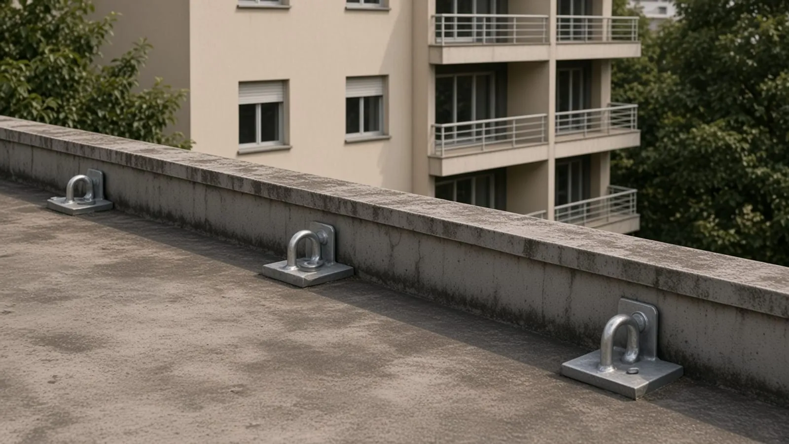 Pontos de ancoragem de metal na laje, perto do parapeito