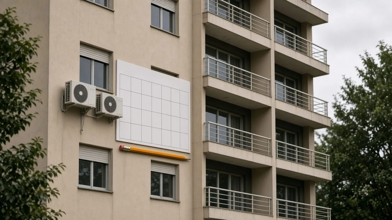 Planner de parede com quadrados em branco e um lápis