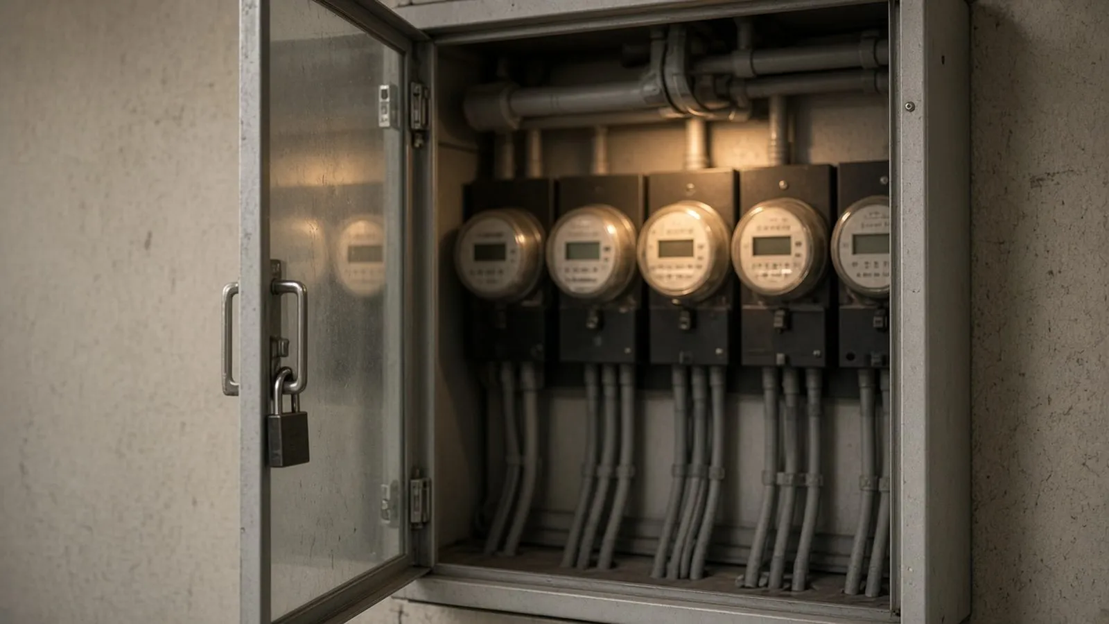 Armário de medidores de energia do condomínio, visores fora de foco
