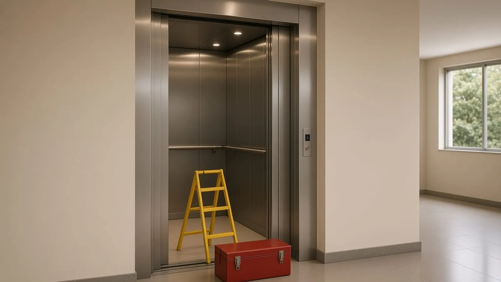 Porta do elevador aberta no hall, com escada e caixa de ferramentas à frente