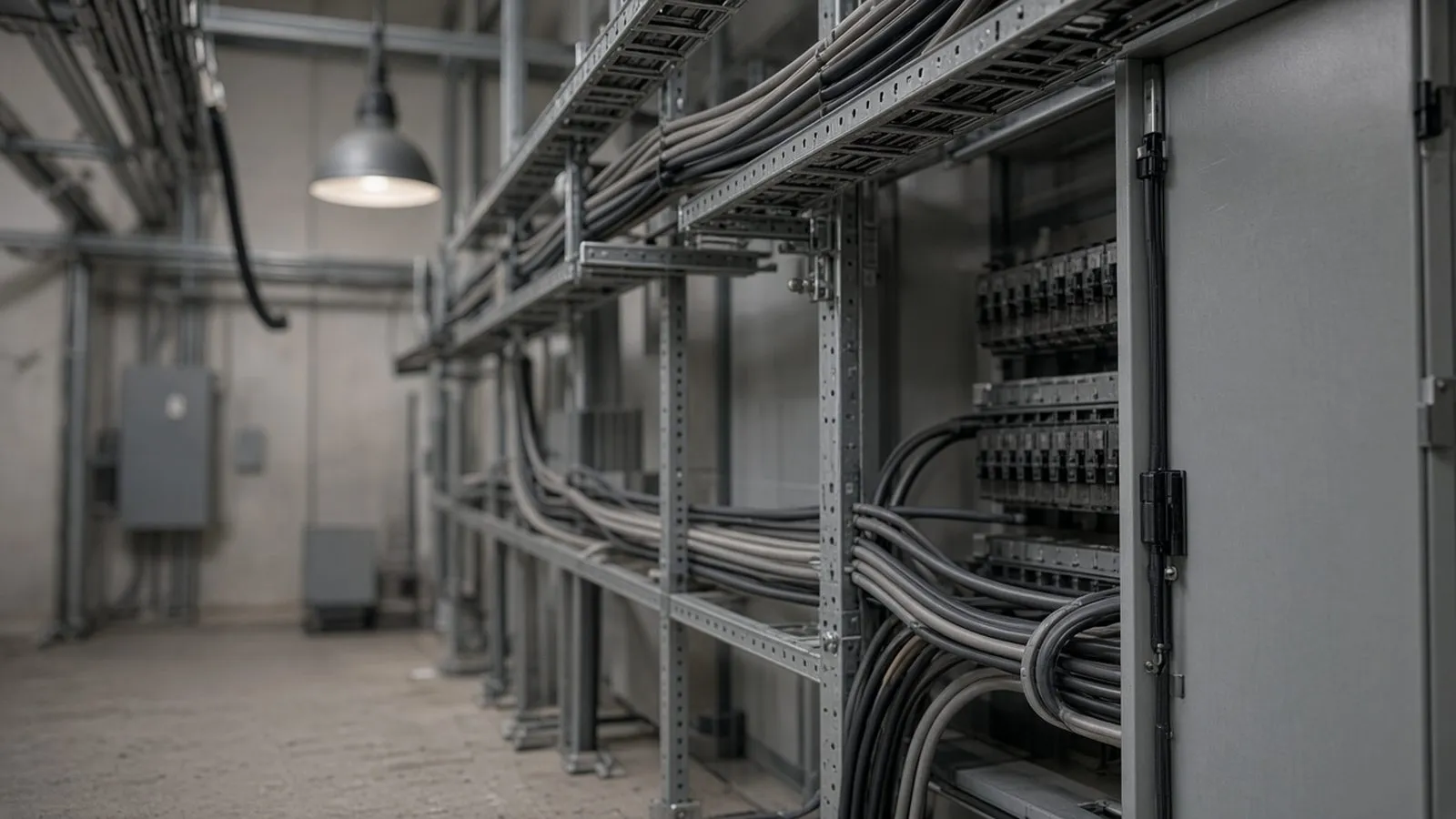 Cabos e bandeja metálica na sala técnica do quadro elétrico