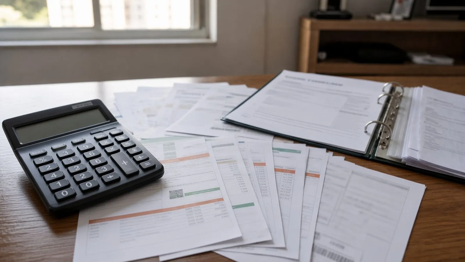Calculadora, boletos e pasta aberta sobre a mesa da administração
