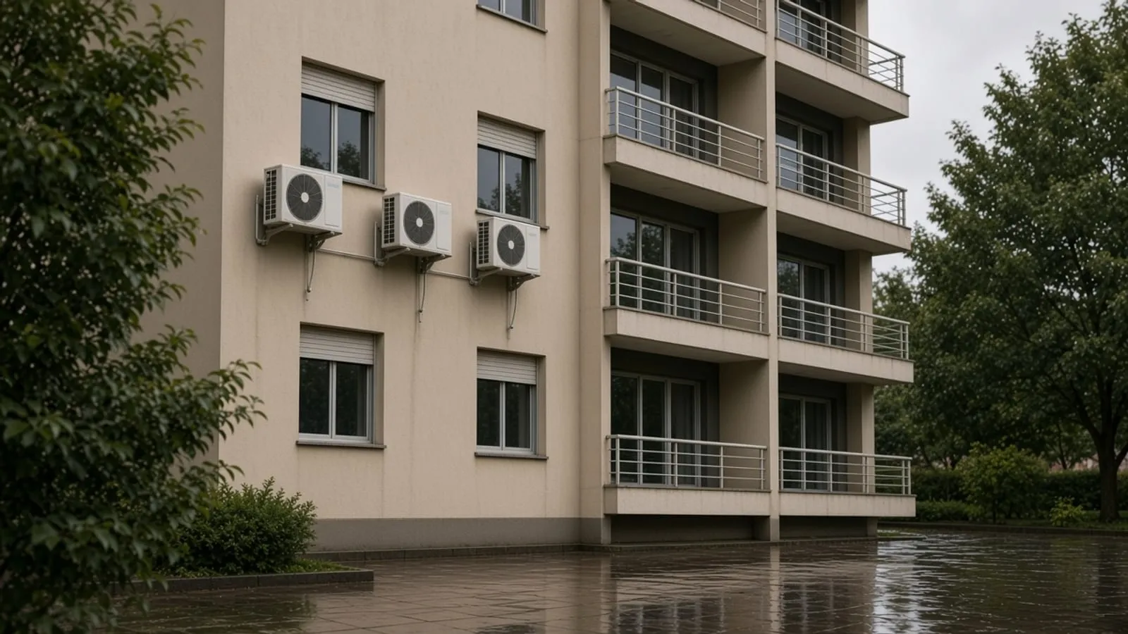 Torre residencial intacta, com o pátio molhado