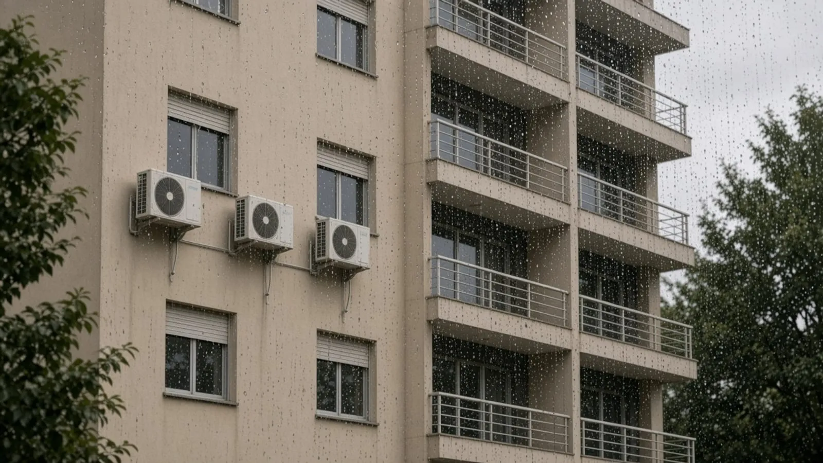 Prédio residencial refletido numa janela depois da chuva