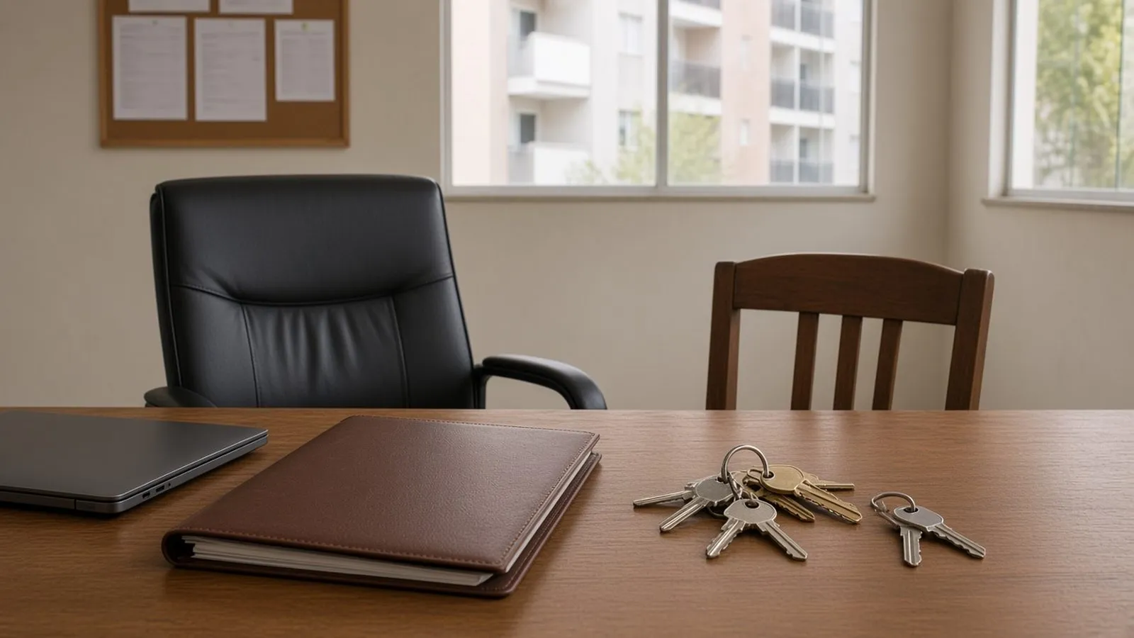 Mesa da administração com notebook, pasta e chaves, duas cadeiras vazias ao fundo