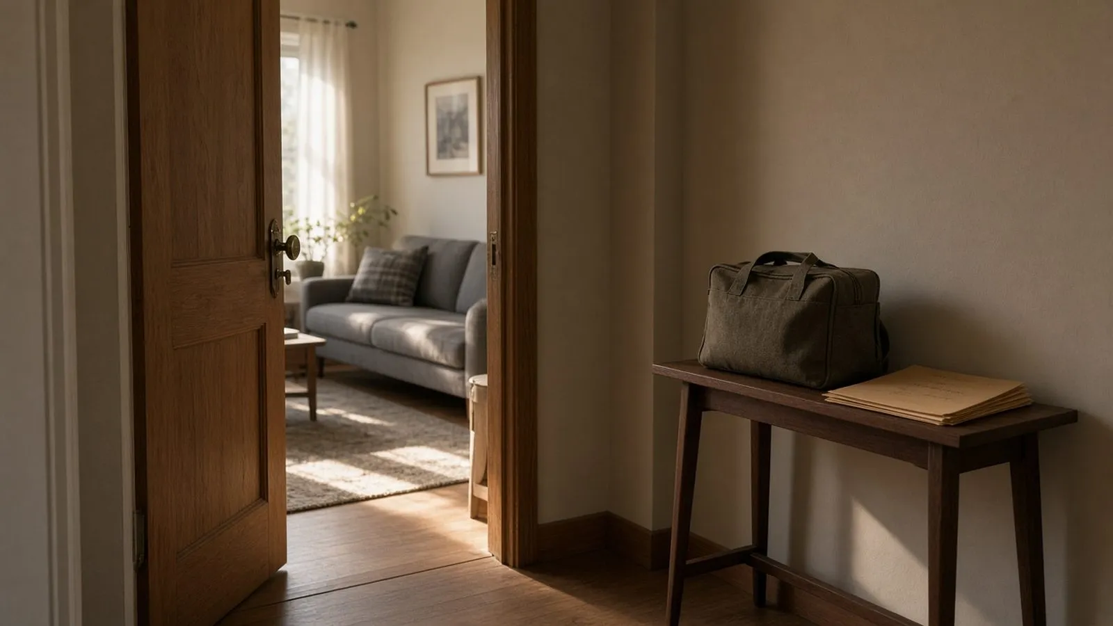 Porta de apartamento entreaberta, mala e pasta sobre o aparador