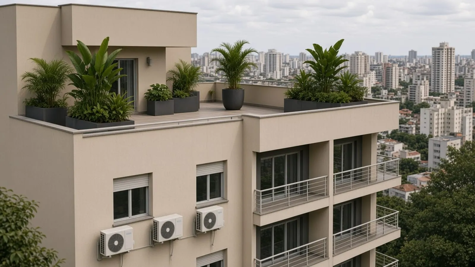 Terraço de cobertura com vasos e vista da cidade