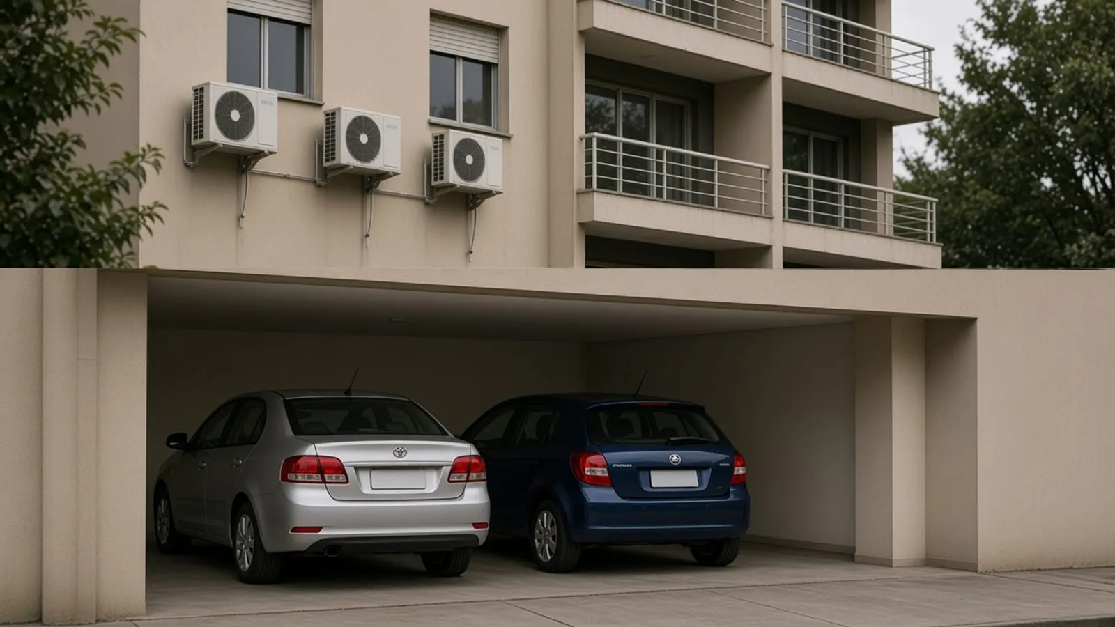 Dois carros na garagem do condomínio, um impedindo a saída do outro, sem placas nem texto